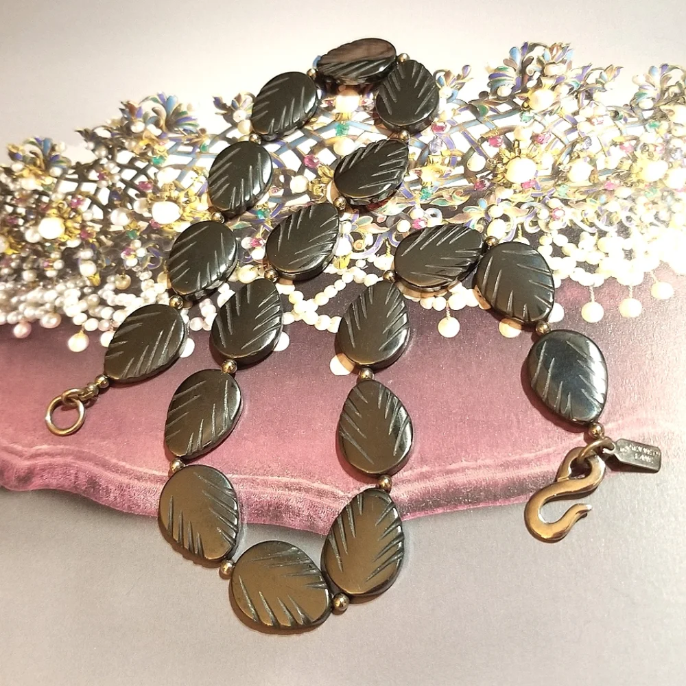 1980s Kenneth Lane Carved Hematite Leaf Necklace